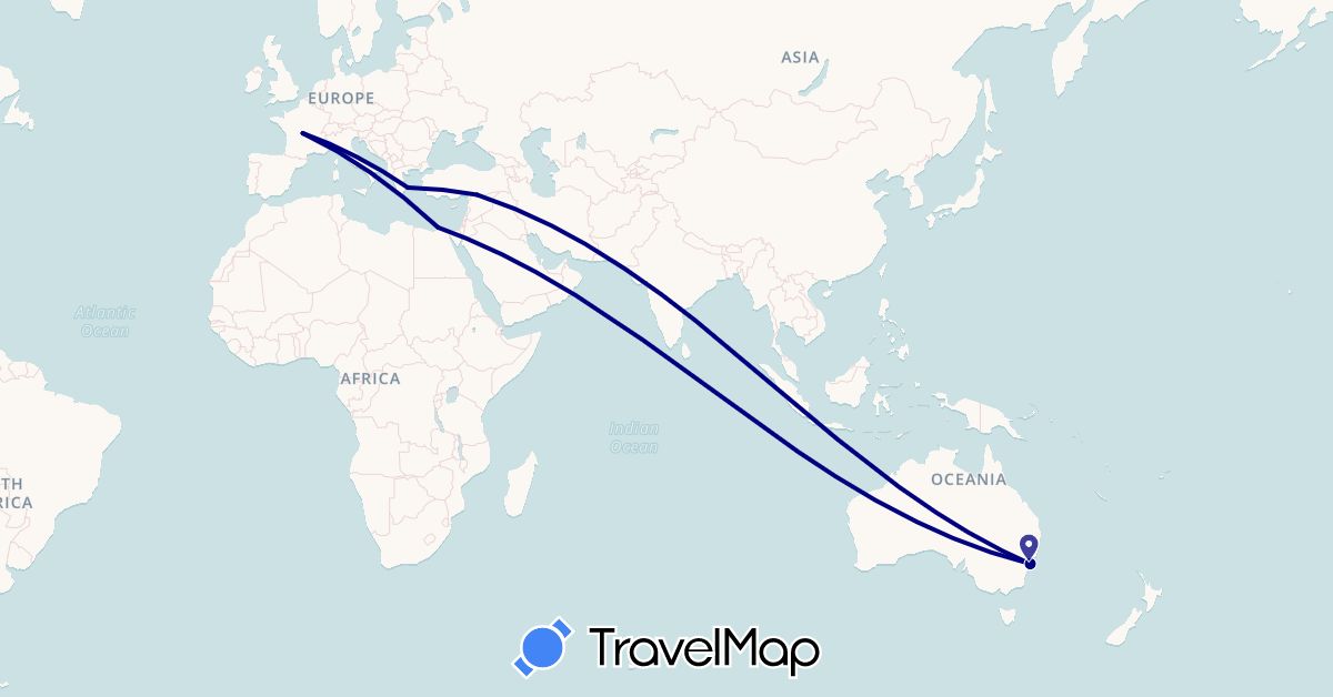 TravelMap itinerary: driving in Australia, Egypt, France, Greece, Turkey (Africa, Asia, Europe, Oceania)